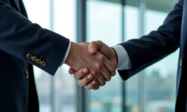 Professional handshake in a high-rise London office setting