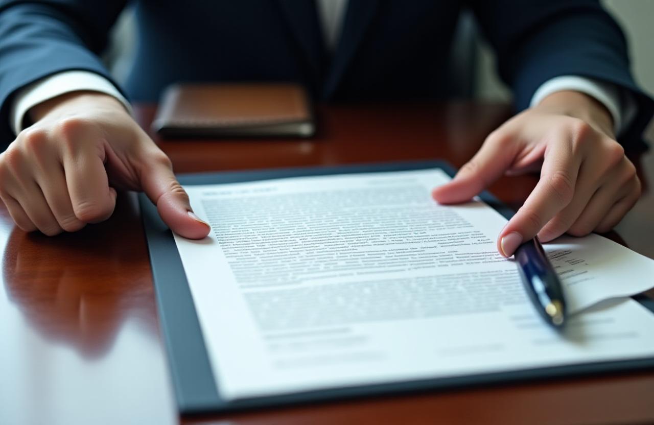 Close-up of a legal professional points to specific clauses in a custom drafted contract on a mahogany desk